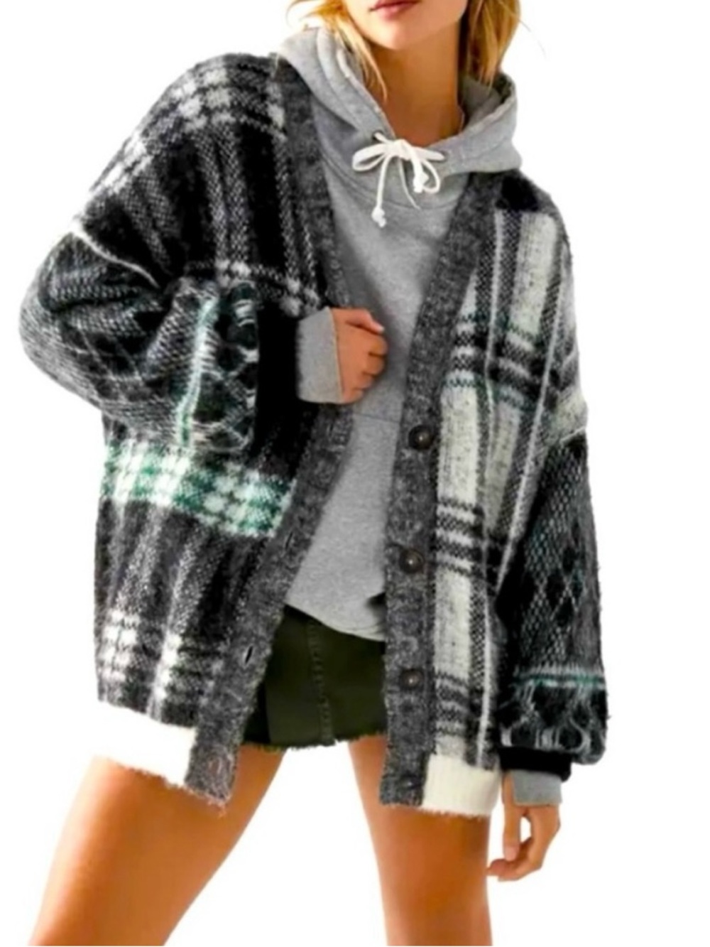 Free People Sepia Plaid Jacquard Oversize Cardigan